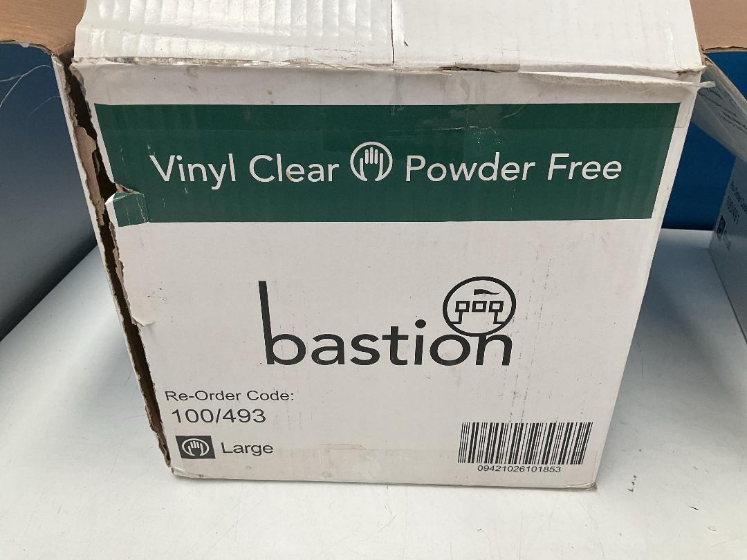 Photo '2' of 2x Boxes of Expired Bastion Vinyl Clear Powder Free Gloves - Size S and Size L