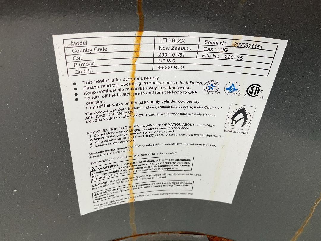 Photo '2' of Outdoor Heater or Similar - Model LFH-B-XX Photo '2' of Outdoor Heater or Similar - Model LFH-B-XX