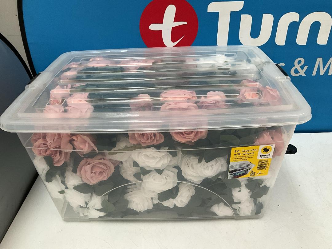 Photo '9' of Artificial Pink and White Coloured Roses in an Organiser on Wheels